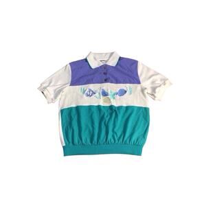 Vintage Alfred Dunner Shirt Adult Fish Sea Design Short Sleeve Polo Womens PS